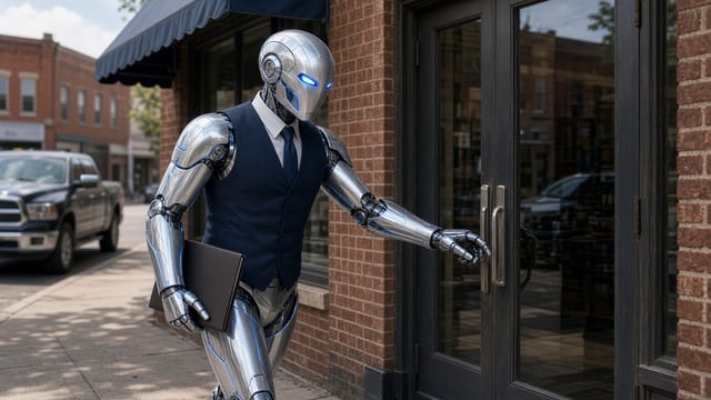 Dux walking into a main-street business with a folder under his arm